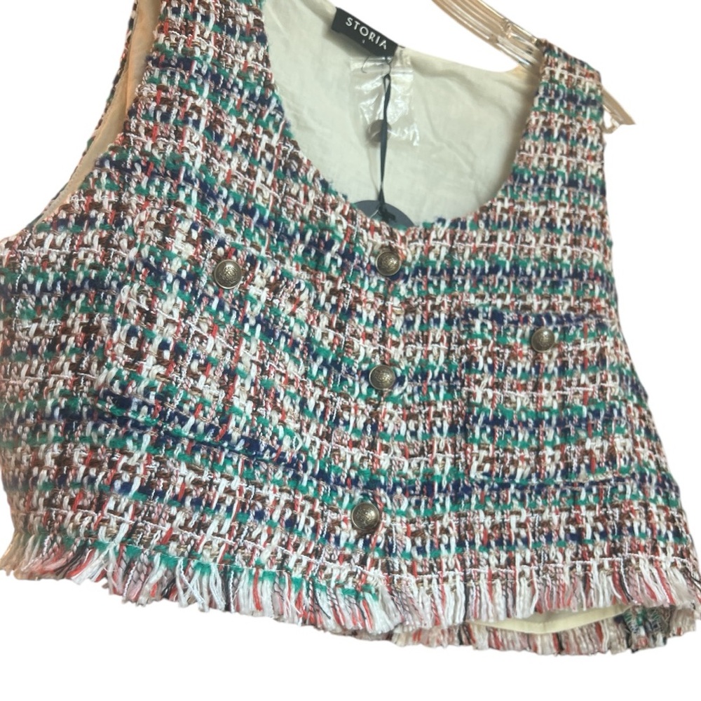 Storia Preppy Crop Tweed Button Up Vest Size: Large - Picture 3 of 5